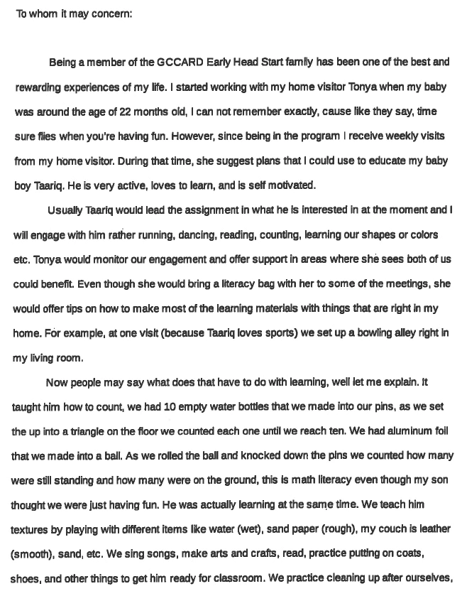 Letter of thanks and appreciation from a Head Start parent in our program at GCCARD Head Start