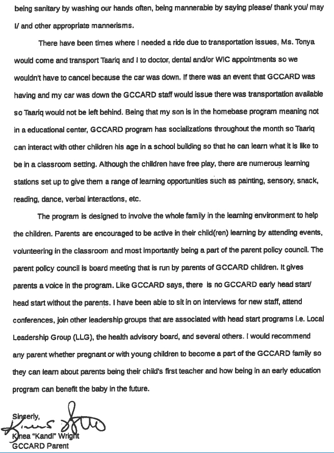 Letter of thanks and appreciation from a Head Start parent in our program at GCCARD Head Start